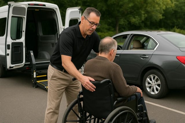 Driver assisting a passenger in a wheelchair beside a wheelchair-accessible van